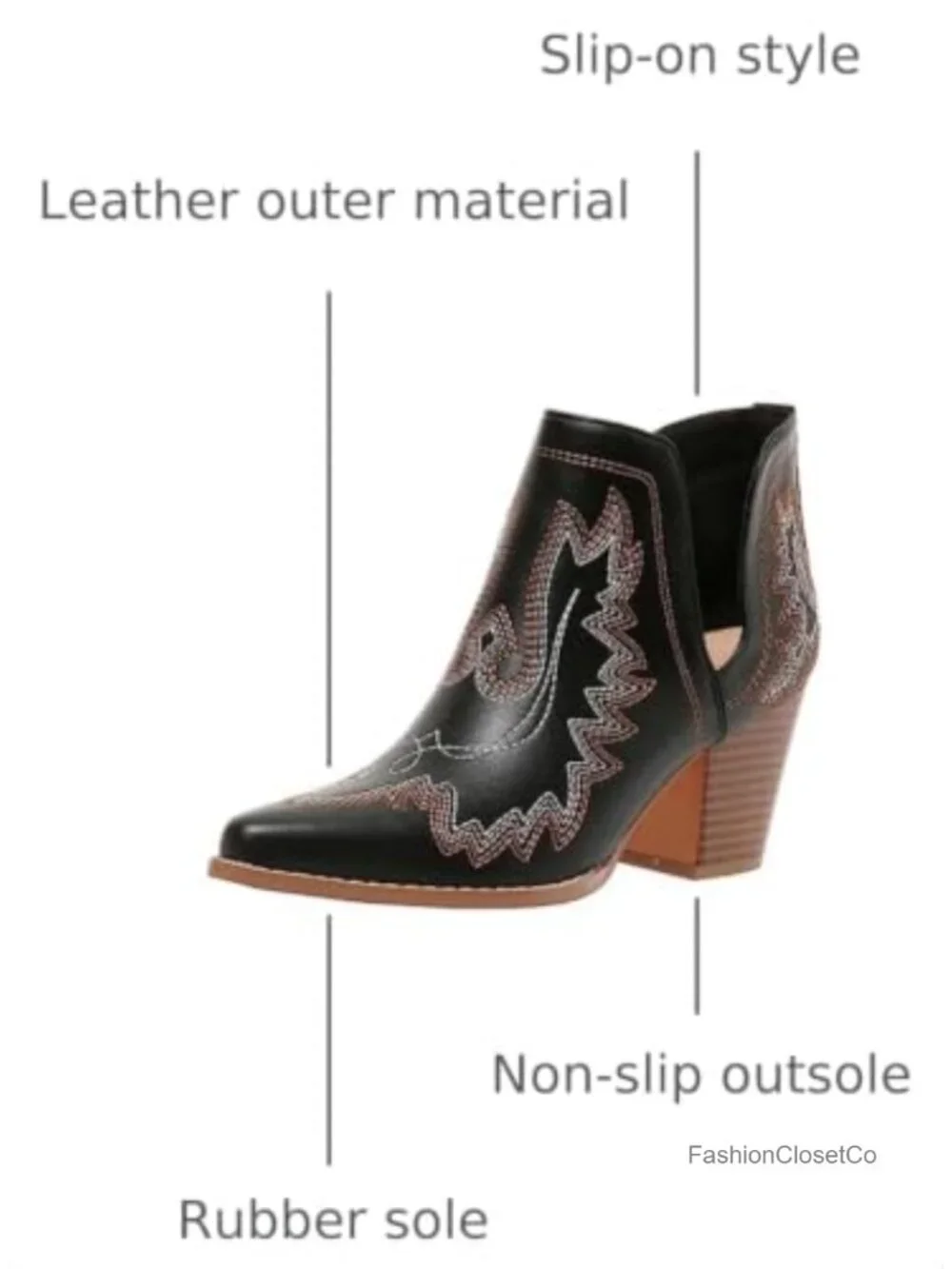 Cowgirl Ankle Boots Pointed Toe Chunky Heel Cutout Western Embroidered Slip-On